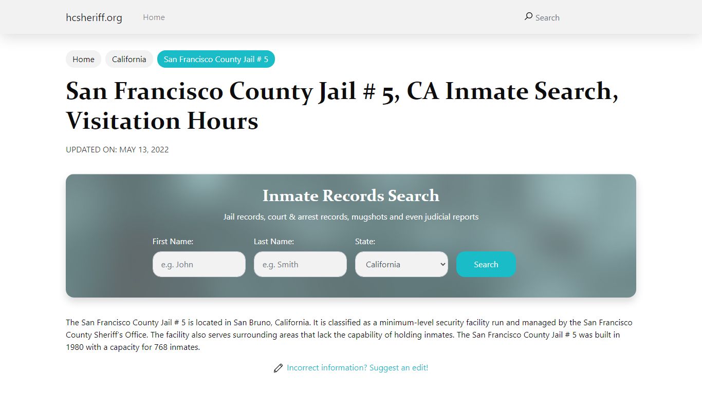 San Francisco County Jail # 5, CA Inmate Search ...